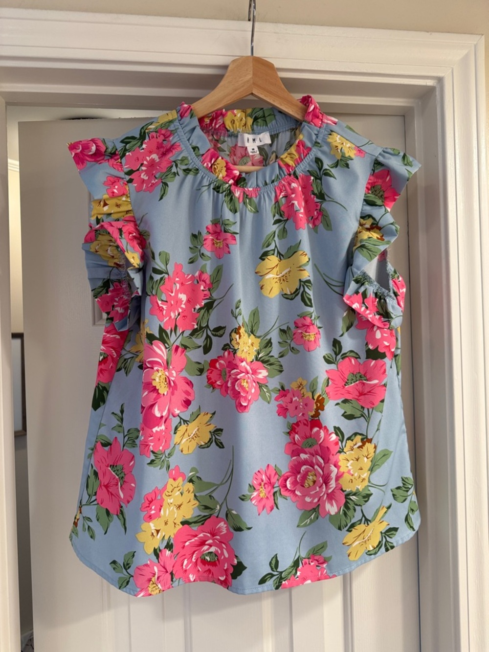 THML Light Blue Floral Ruffle Sleeve Camisole - Pink & Yellow Flowers